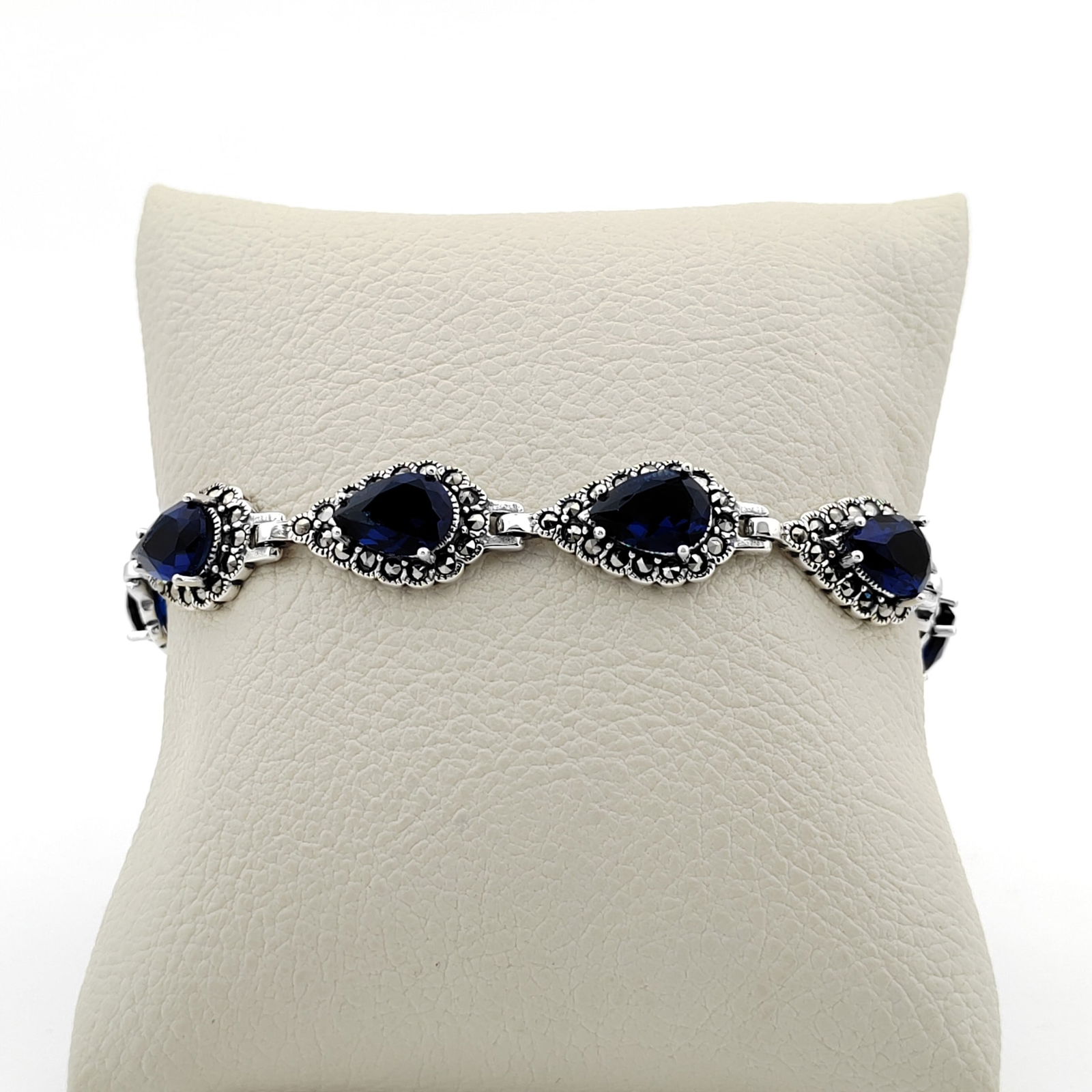 925 Silver Ladies Bracelet with Blue Zircons and Marcasite (1 of 8)
