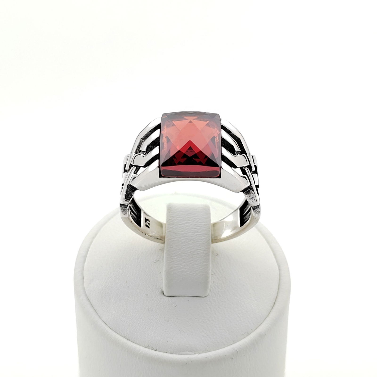925 Silver Men's Ring with Facet Cut Red Zircon (1 of 8)