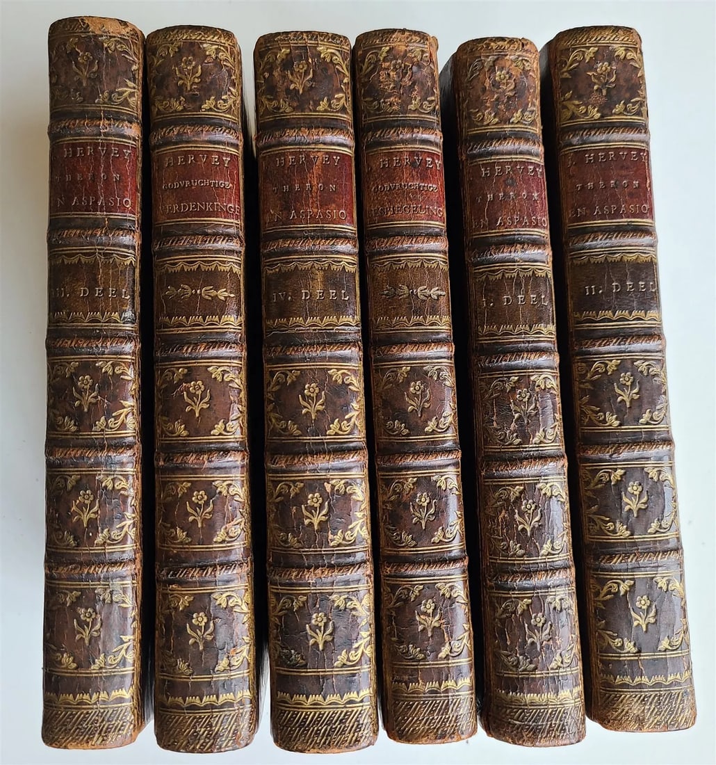 1757-1761 6 volumes illustrated set in DUTCH antique Theron and Aspasio: 6 VOLUMES OF: Hervey, J. Theron en Aspasio of reeks van godvrugtige gesprekken en brieven, over de gewigtigste, noodigste, en nuttigste onderwerpen. Amsterdam, P. Meijer; 1759-1761 4 volumes 1 engr. t
