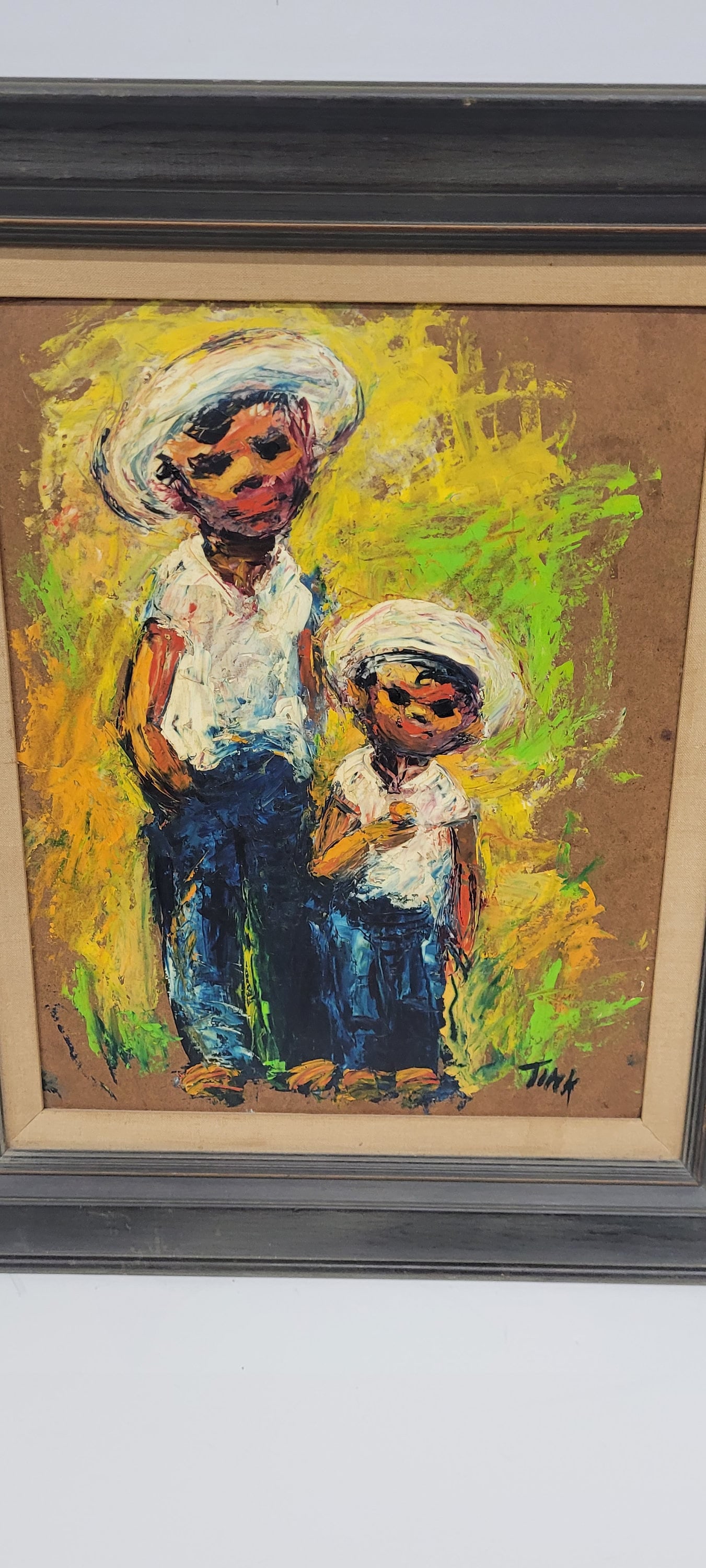 Mid Century Modern Oil on Board portrait Vintage Print Young Man Boy Father Son Figurative: Vintage from the 1960s Materials: Wood, board Width: 23 inches Height: 27 inches Depth: 1 inches Vintage Spanish Mexican Style Father Son, brothers, Oil on Board Signed Tink. Overall in good condition