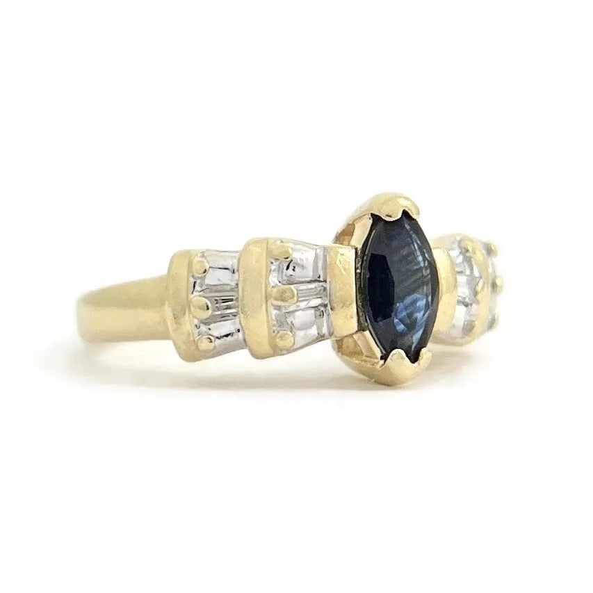 Marquise Blue Sapphire Baguette Diamond Ring 14K Yellow Gold, 3.11 Grams (1 of 8)