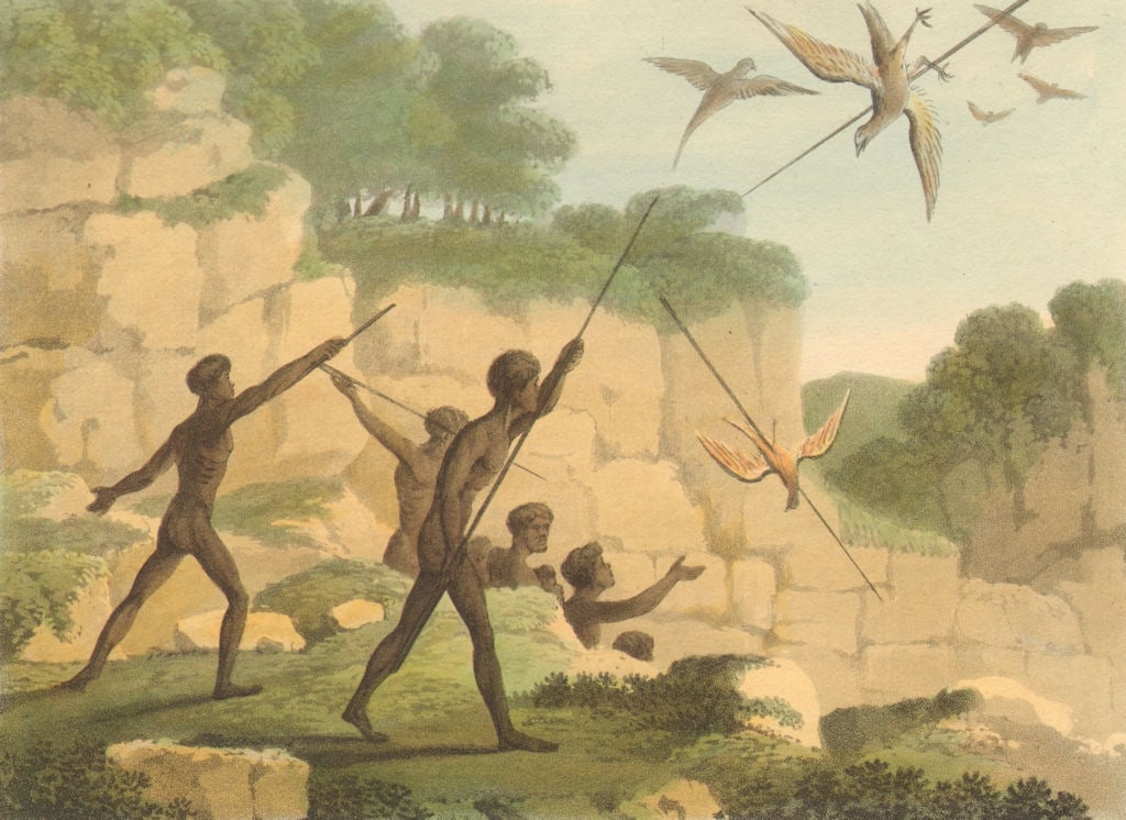 AUSTRALIA ABORIGINES. Killing birds with spears. New South Wales (Orme) 1814: CAPTION PRINTED BELOW PICTURE: 'Throwing the Spear'DATE PRINTED: 1814 IMAGE SIZE: Approx 13.0 x 18.0cm, 5.25 x 7 inches (Small) TYPE: Antique aquatint print with original hand 