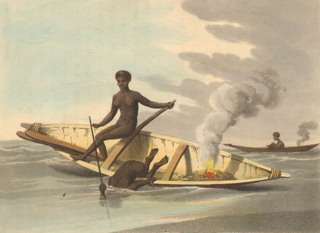 AUSTRALIA ABORIGINES. Fishing in canoe with spear. Fire. NSW (Orme) 1814 (1 of 1)