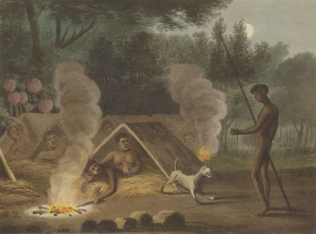 AUSTRALIA ABORIGINES. Repose rest relaxation. Huts. Dog. NSW (Orme) 1814: CAPTION PRINTED BELOW PICTURE: 'Repose'DATE PRINTED: 1814 IMAGE SIZE: Approx 13.0 x 18.0cm, 5.25 x 7 inches (Small) TYPE: Antique aquatint print with original hand colouring, borders and wide marginsC