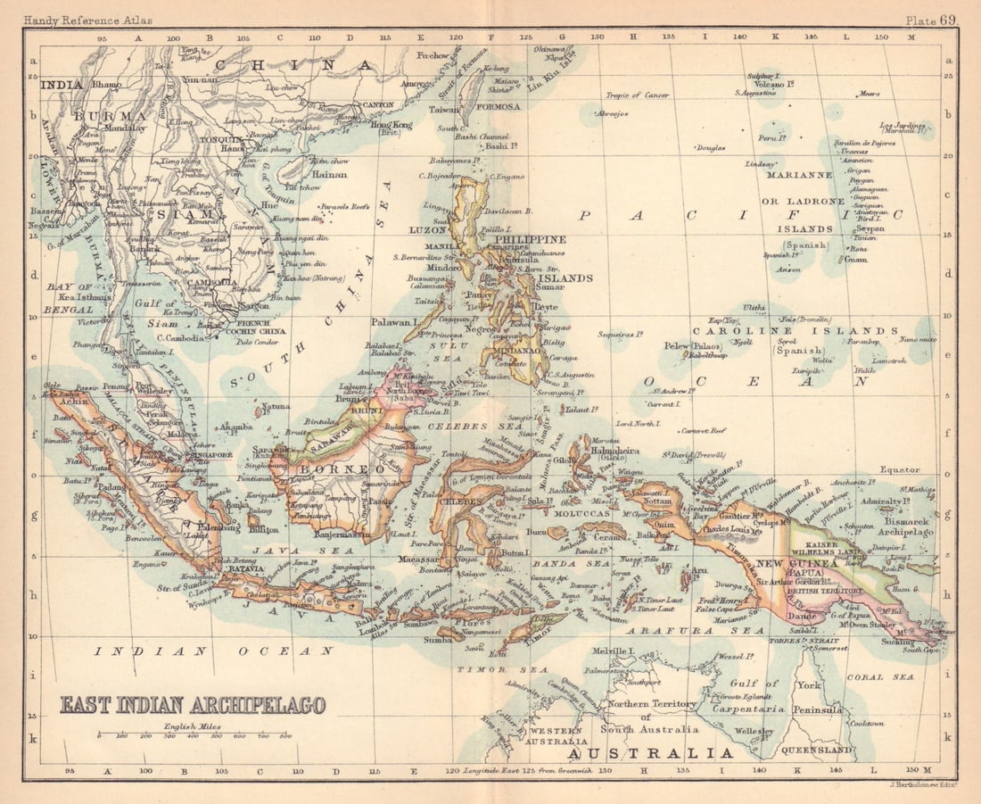 East Indian Archipelago. Indonesia Philippines & Indochina. BARTHOLOMEW 1888 map: CAPTION PRINTED BELOW PICTURE: 'East Indian Archipelago'DATE PRINTED: 1888 IMAGE SIZE: Approx 16.5 x 20.0cm, 6.5 x 7.75 inches (Medium); Please note that this is a folding map. TYPE: Antique colour at