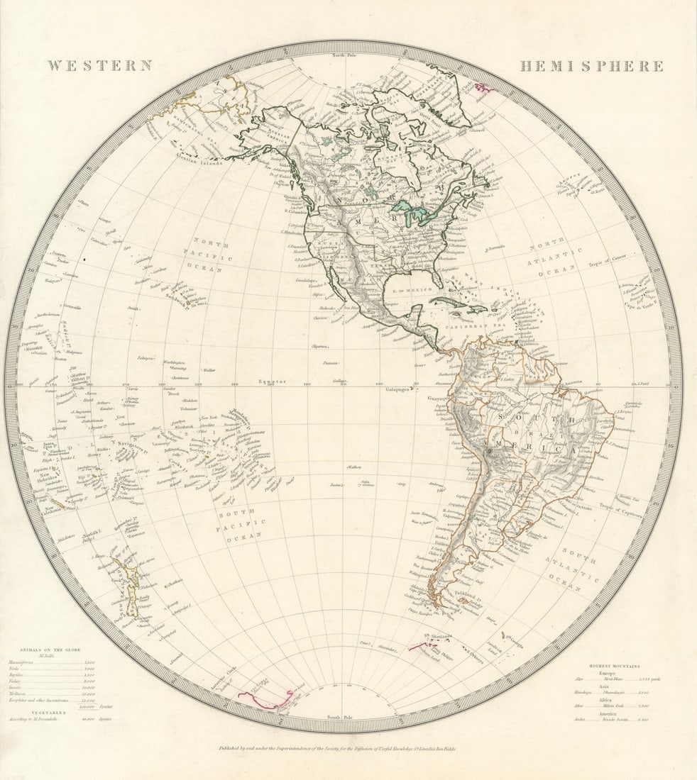 WESTERN HEMISPHERE. Americas Mexican Texas Pacific New Zealand. SDUK 1844 map (1 of 1)