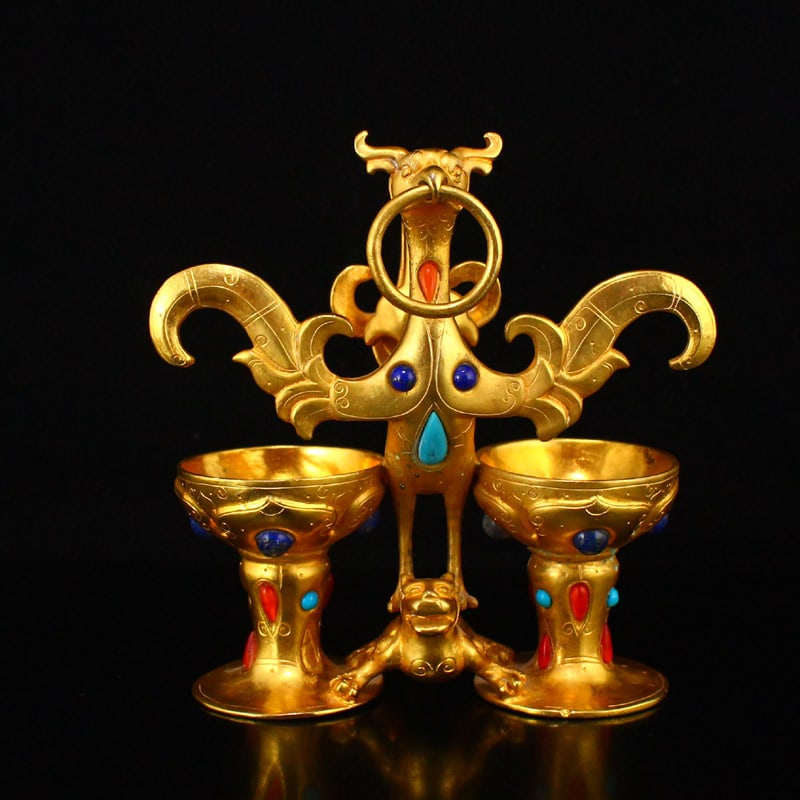 Old Chinese Gilt Gold Bronze Inlay Gem Divine Beast Oil Lamp (1 of 10)
