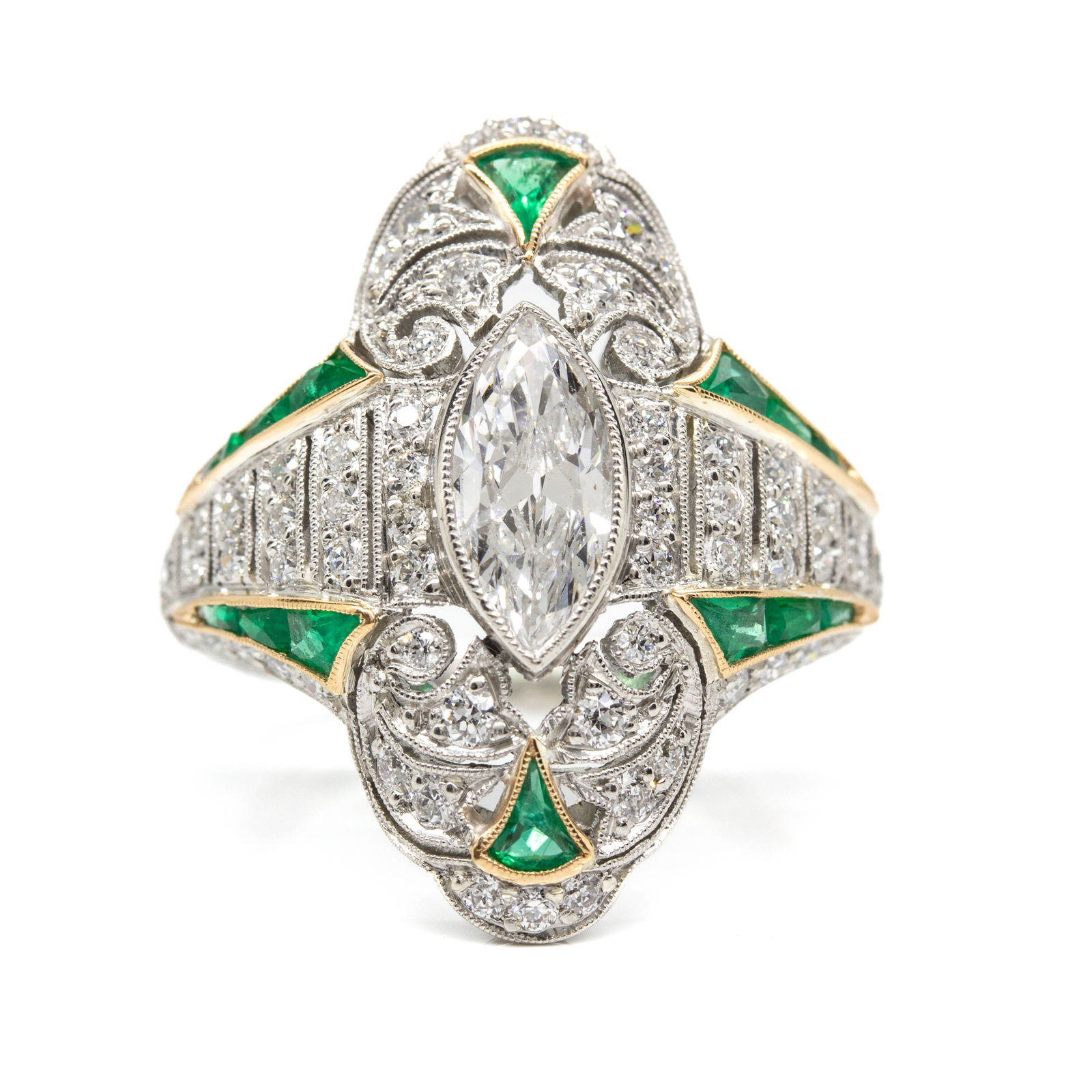 Art Deco Handmade Platinum Old Mine Diamond and French cut Emerald Ring (1 of 6)