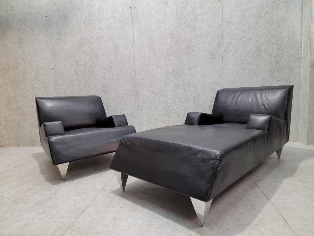 Vintage Black Leather Lounge Chair and Chaise Lounge by Catherine Chanicci - 2 Piece Set: *Vintage Black Leather Lounge Chair and Chaise Lounge by Catherine Chanicci - 2 Piece Set Selling as is! Contact us for customer upholstery! Circa 1990 Dimentions: ChaiseW 34”D 61”H 30R