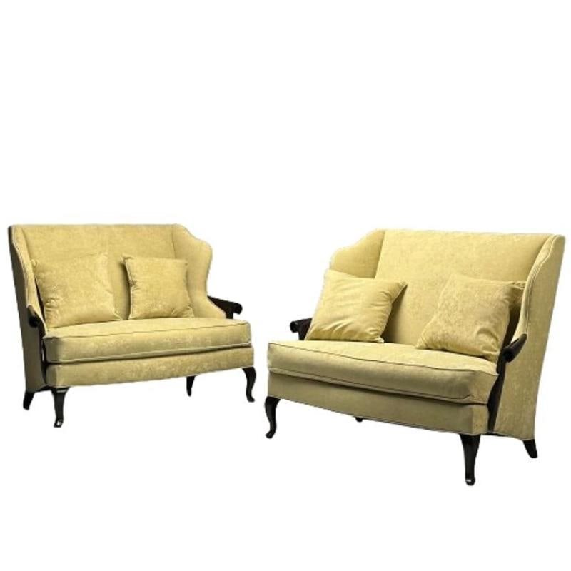 Christopher Guy, Contemporary, Sofas, Celadon Velvet, Mahogany, USA, 2010s: Christopher Guy, Contemporary, Sofas or Settees, Celadon Velvet, Mahogany Pair of sleek and stylish modern sofas or settees designed by Christopher Guy. Newly upholstered in Celadon green velvet with