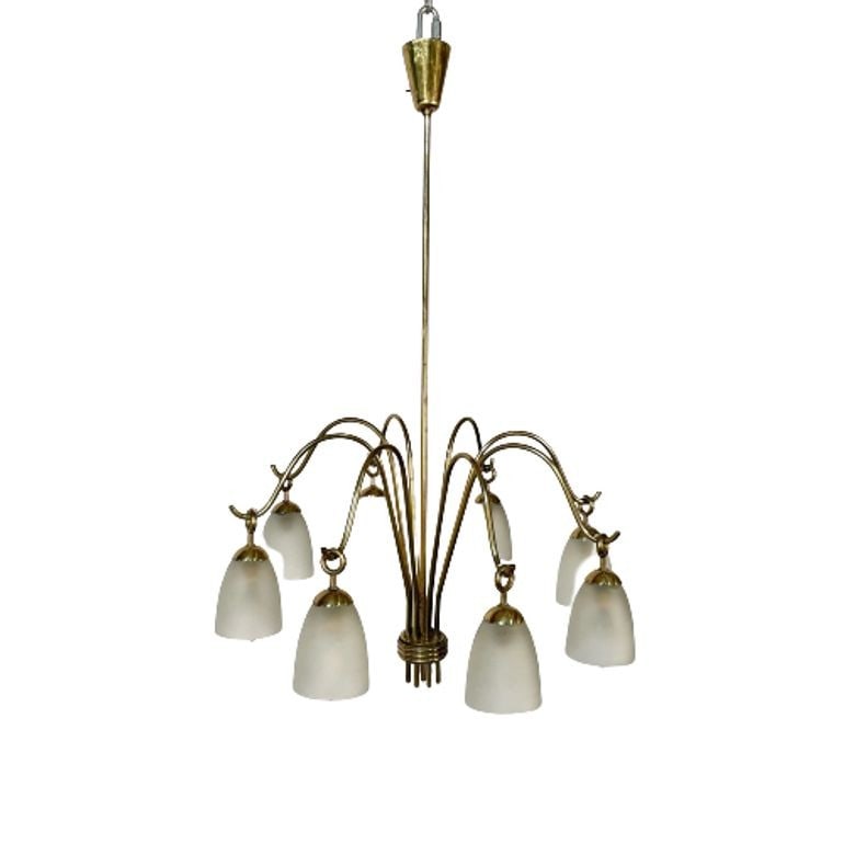 Angelo Lelli, Arredoluce, Italian Mid-Century Modern, Chandelier, Brass, 1960s: Angelo Lelli, Arredoluce, Italian Mid-Century Modern, Chandelier, Brass, 1960s Italian Mid-Century Modern Arredoluce Eight Arm Brass Chandelier by Angelo Lelli Modern brass chandelier designed by Ange