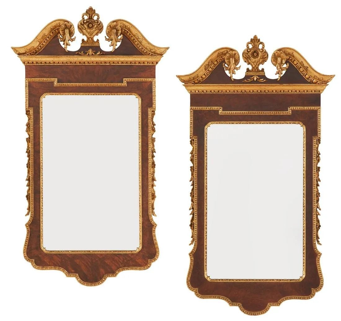 Pair of George II Style Pier / Console Mirrors, Burr Walnut and Parcel Gilt: Pair of George II Style Pier / Console Mirrors, Burr Walnut and Parcel Gilt Veneered with burr walnut and trimmed with giltwood and set with a swan's-neck pediment with a central cartouche-form finial