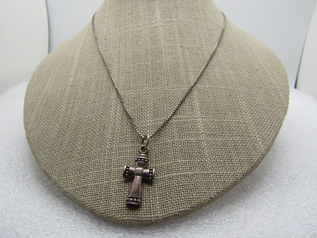 Vintage Sterling Cross Necklace, 18", Unisex, Signed QGI, 1970's-1980's (1 of 6)