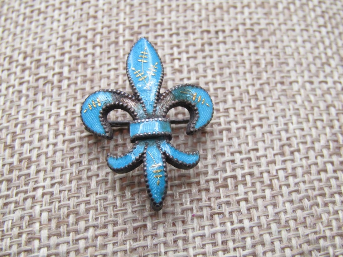 Antique Sterling Turquoise Guilloche Fleur-de-Lis Watch Chatelaine Brooch, C-Clasp, Edwardian (1 of 5)