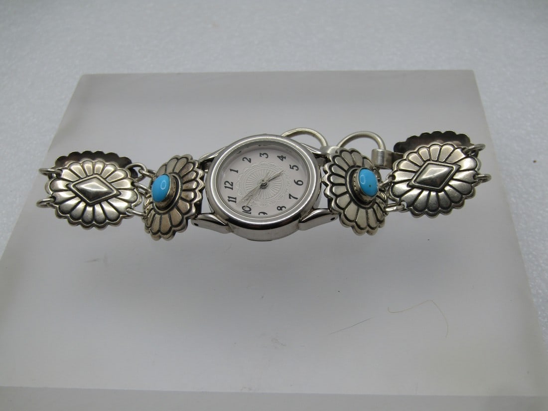 Vintage Sterling Turquoise Coral Ladies Watch, 7.5", Carolyn Pollac Signed, 1990's (1 of 8)