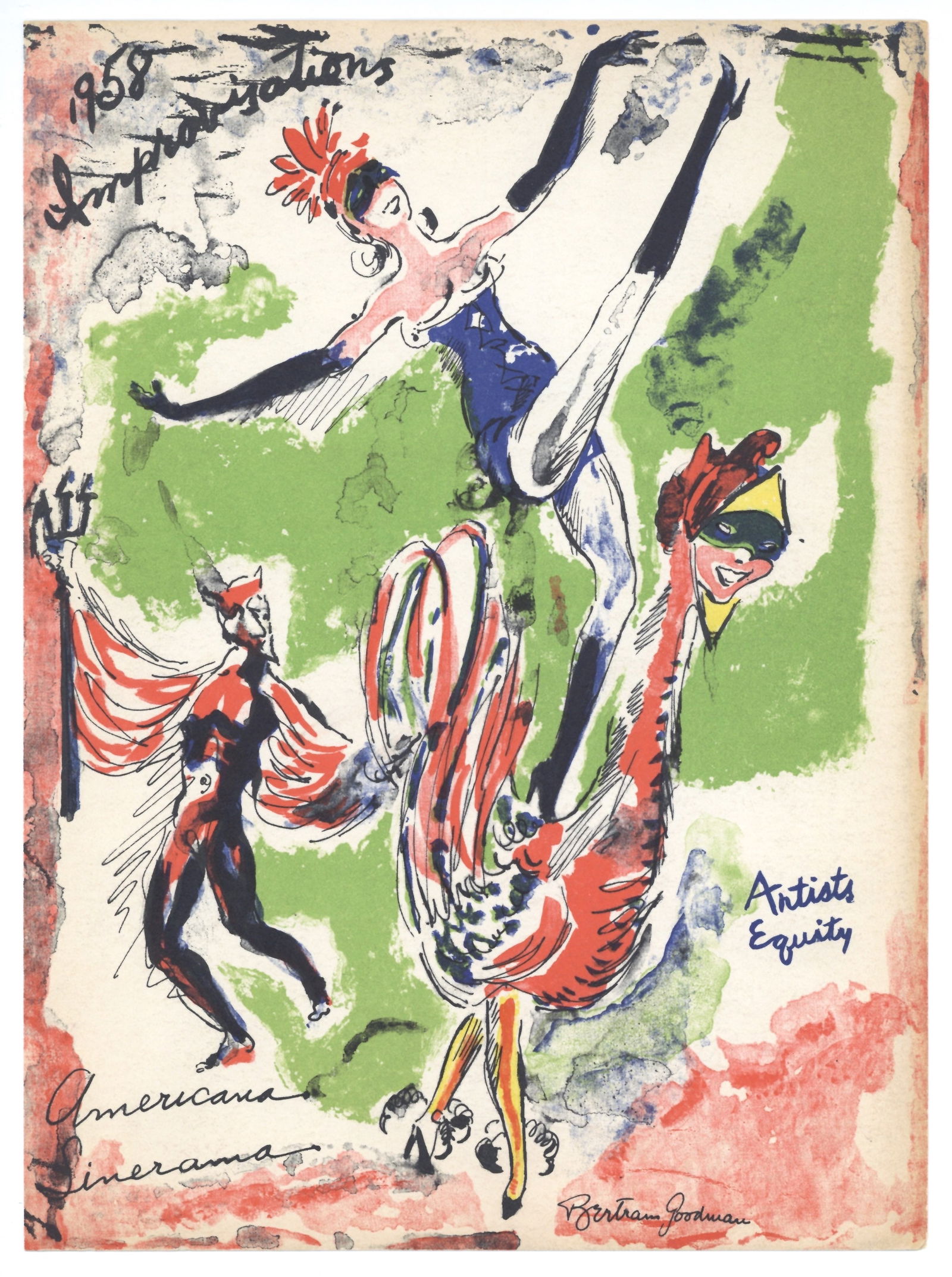 Bertram Goodman original lithograph: Medium: original lithograph. This lithograph was printed for the front cover of the 1958 "Improvisations" portfolio, published by the Artists Equity Association of New York on the occasion of the 1958