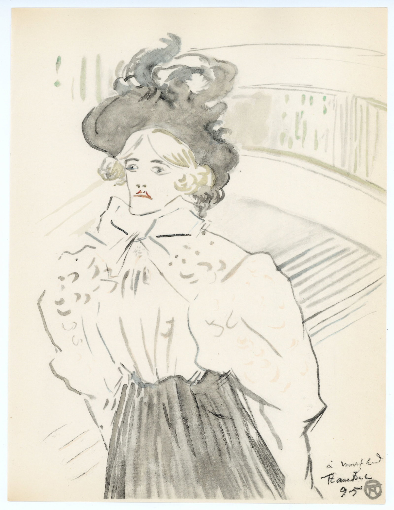 Toulouse-Lautrec lithograph "Femme a mi-corps": Medium: lithograph (after the watercolor). Printed in Paris in 1951 at the atelier Dreux-Barry and published in an edition of 1000. Sheet size: 12 1/4 x 9 1/4 inches (310 x 235 mm). Signed in the plat