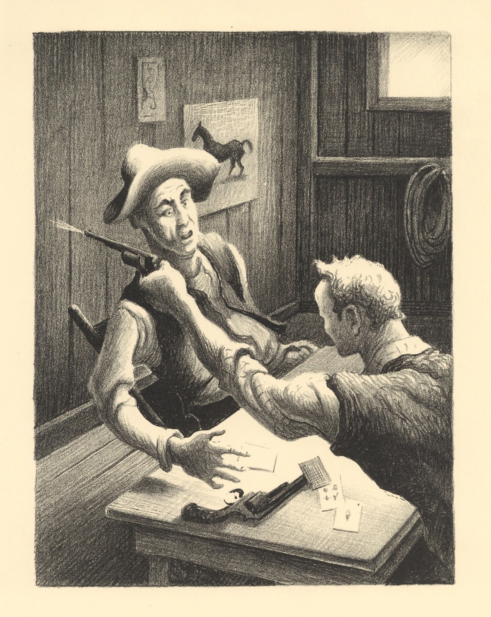 Thomas Hart Benton lithograph: Medium: lithograph. Executed by Thomas Hart Benton to illustrate the Lynn Riggs classic "Green Grow the Lilacs" and printed in 1954 in a limited edition of 1500 by the University of Oklahoma Press for