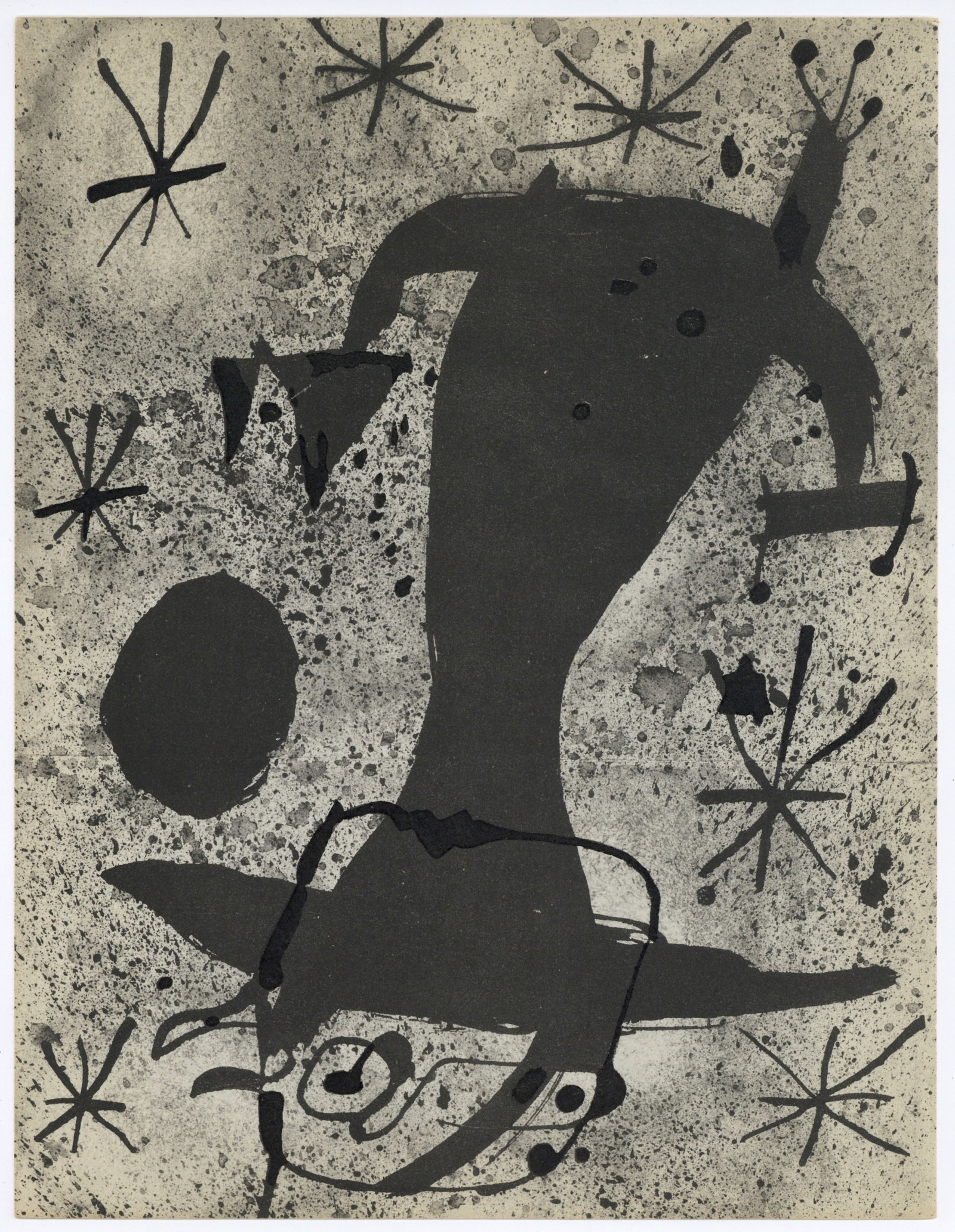 Joan Miro pochoir 1967: Medium: pochoir (after the oil). Issued in 1967 in an edition of 1200 for the rare exhibition catalogue "Oiseau solaire, oiseau lunaire, etincelles", published by the Pierre Matisse Gallery. This is a