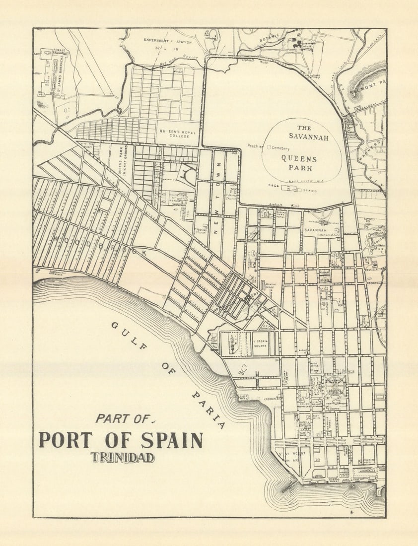 PORT OF SPAIN. Vintage map. Trinidad. West Indies. Caribbean 1910 old: CAPTION PRINTED BELOW PICTURE: 'Part of Port of Spain Trinidad' DATE PRINTED: 1910 IMAGE SIZE: Approx 19.5 x 15.0cm, 7.75 x 5.75 inches (Medium); Please note that this is a folding map. TYPE: Vintage