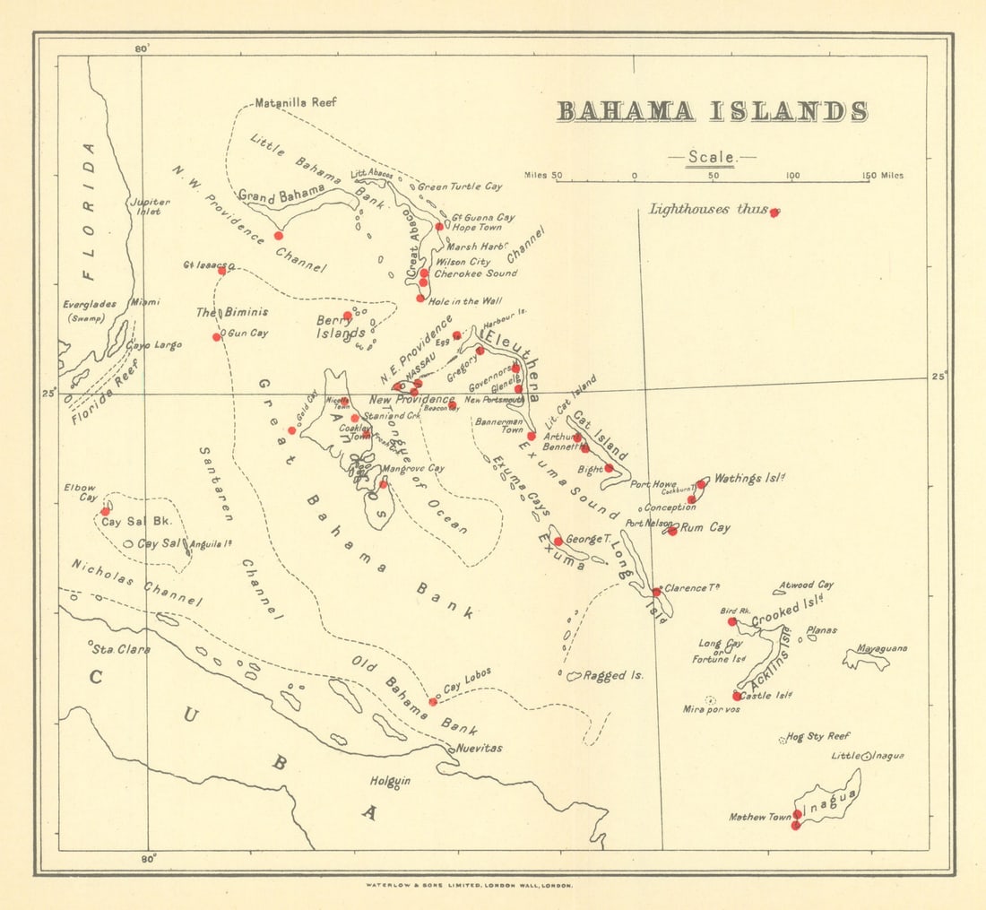 Bahama Islands showing lighthouses by Waterlow & Sons 1938 old vintage map (1 of 1)