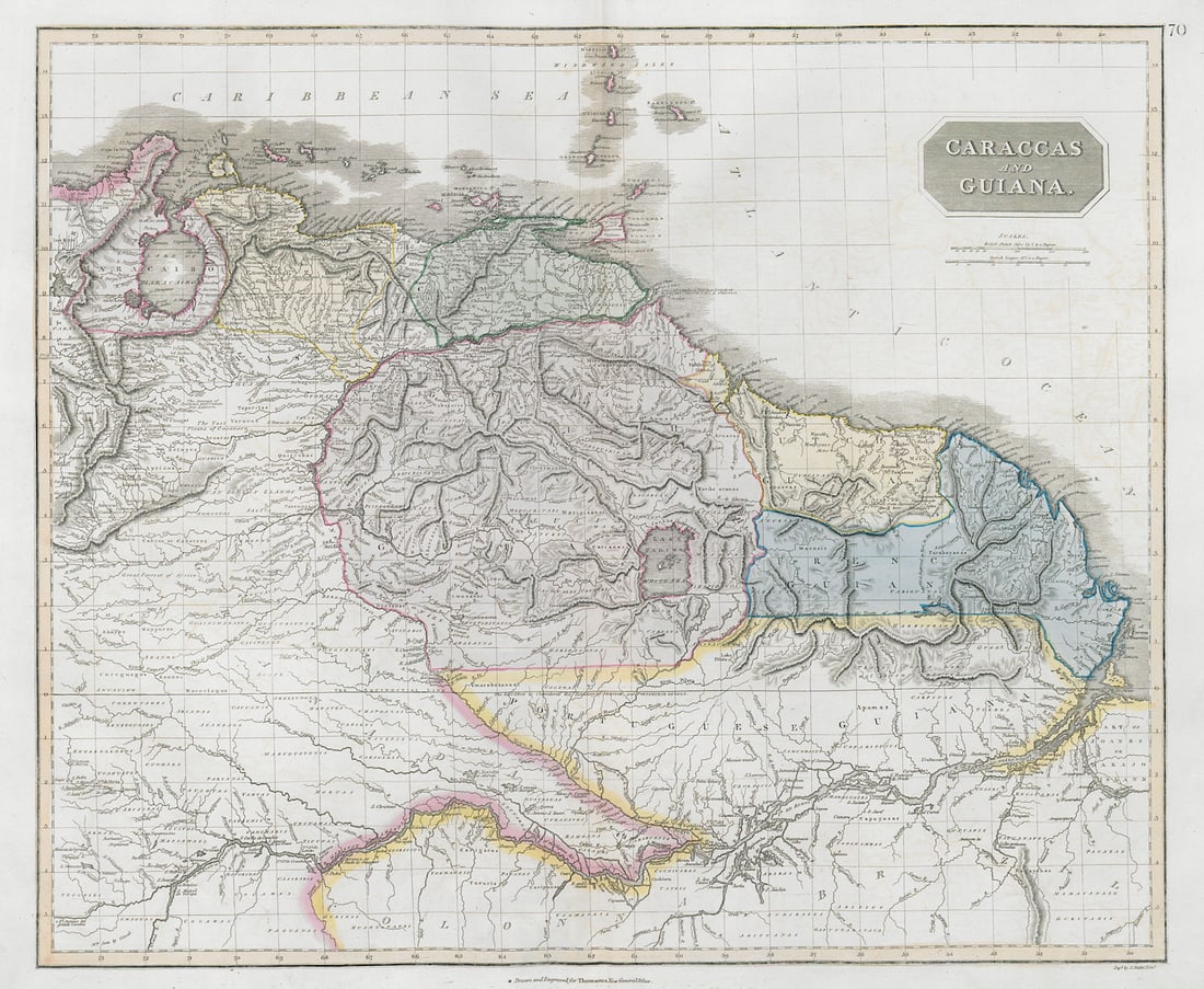 Caraccas & Guiana. French, Dutch & Spanish Guyana. Venezuela. THOMSON 1830 map: TITLE/CONTENT OF MAP: 'Caraccas and Guiana' DATE PRINTED: 1830 IMAGE SIZE: Approx 52.5 x 64.0cm, 20.75 x 25.25 inches (Large); Please note that this is a folding map. TYPE: Ant