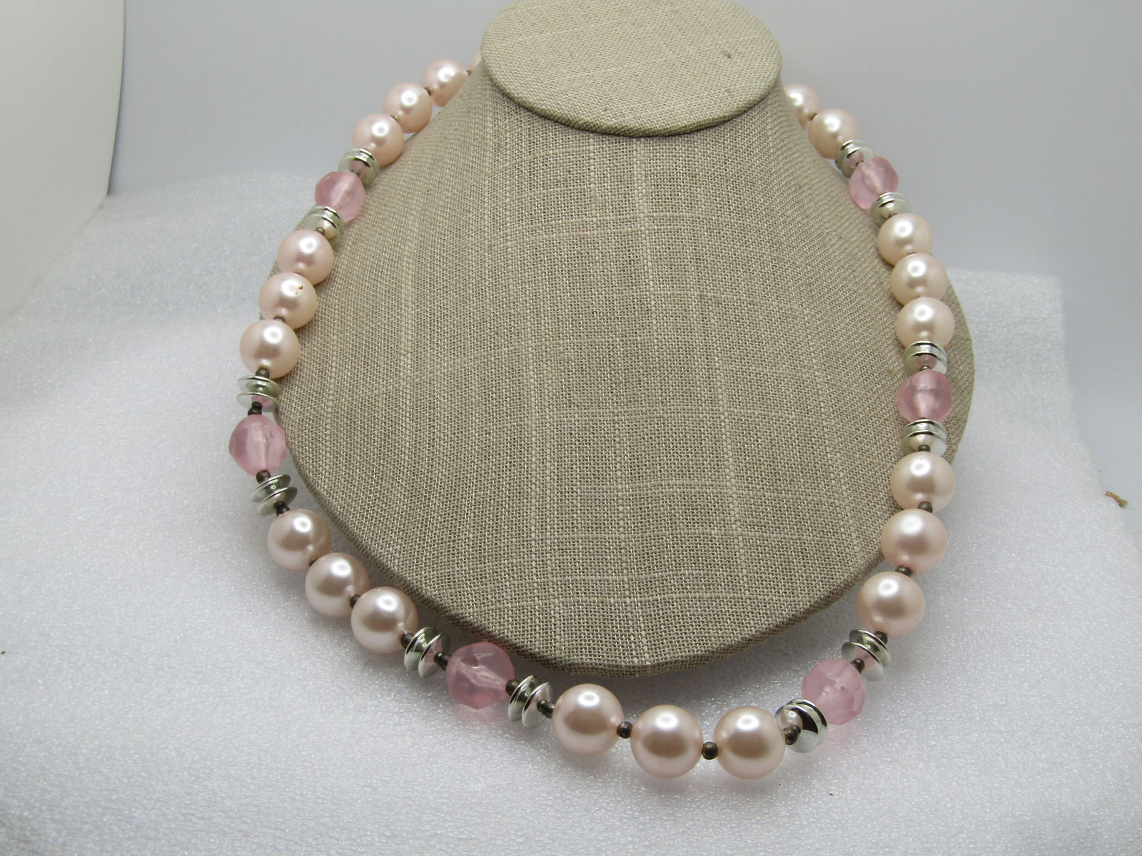 Vintage Faux Pearl & Pink Beaded Necklace, 22", 1980's (1 of 5)