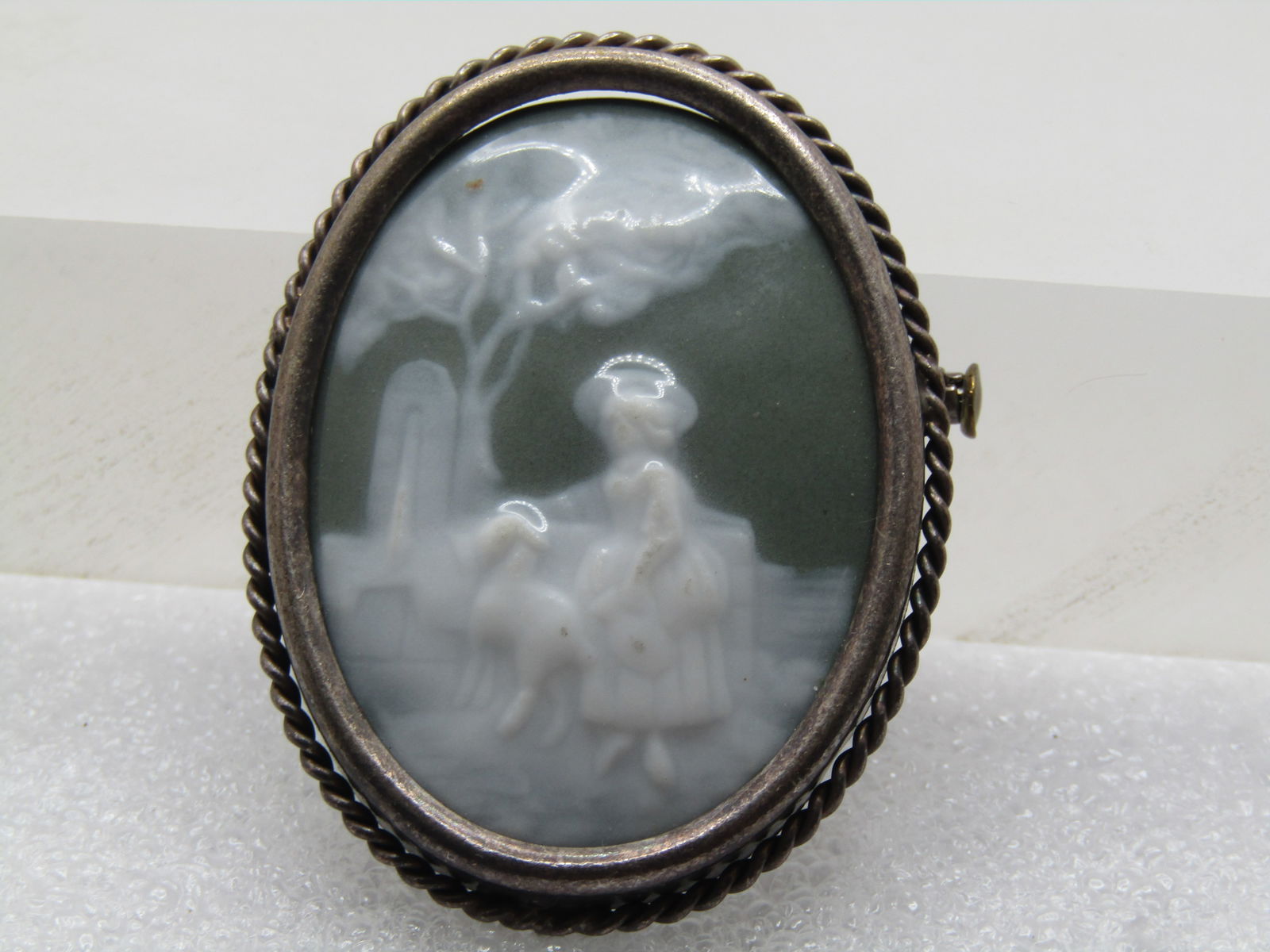 Vintage Green/White Scenic Brooch, Limoges France, Trombone Clasp, 1940's (1 of 5)