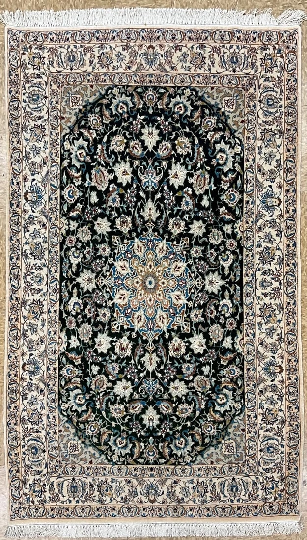 Persian Nain Hand Knotted Fine Wool Silk Emerald Green 1950s Oriental Area Rug 3'7" x 6' (1 of 9)