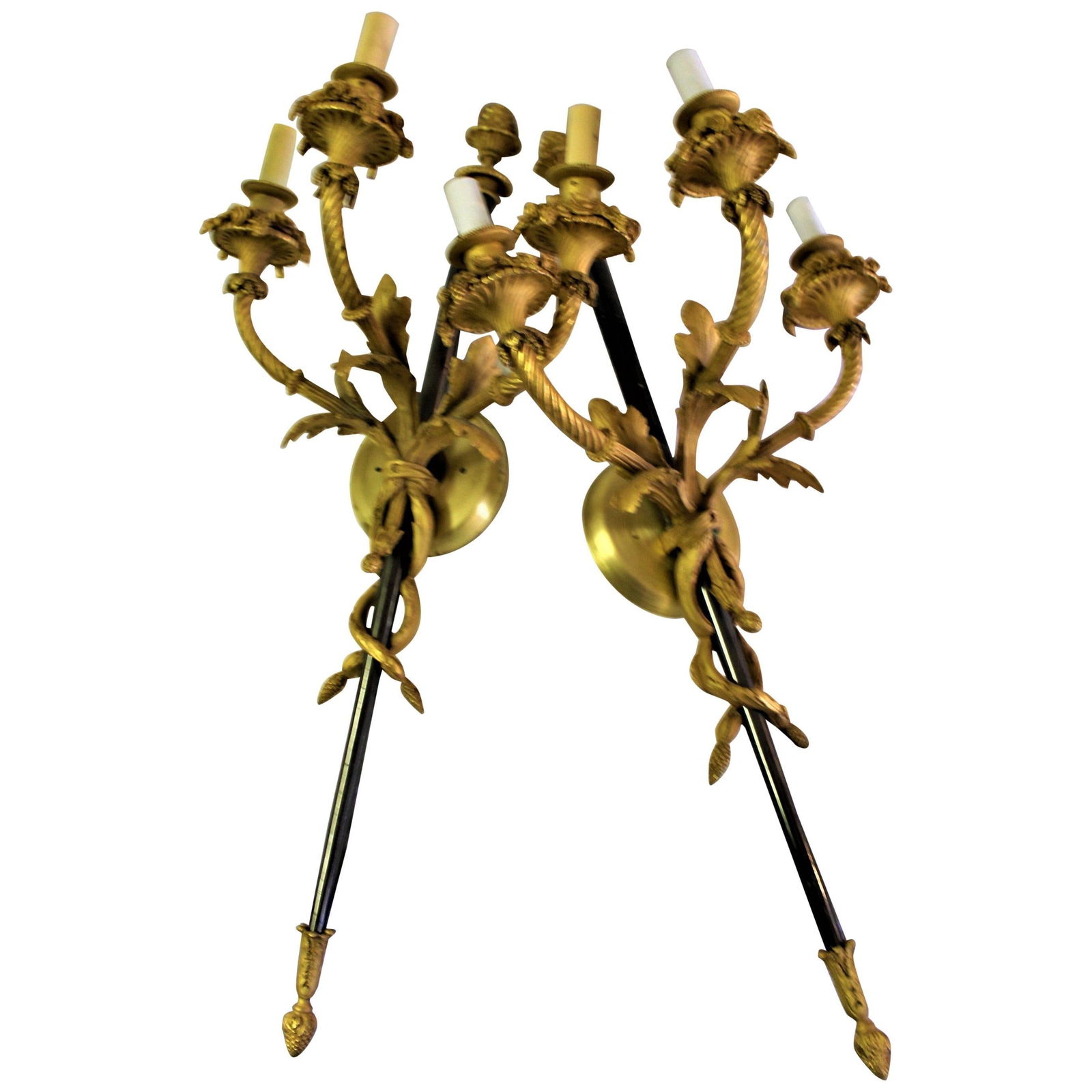 Large Pair, Empire Style Sconces, 18-Karat Gold Plate, 3 Lights, Black Shaft (1 of 16)