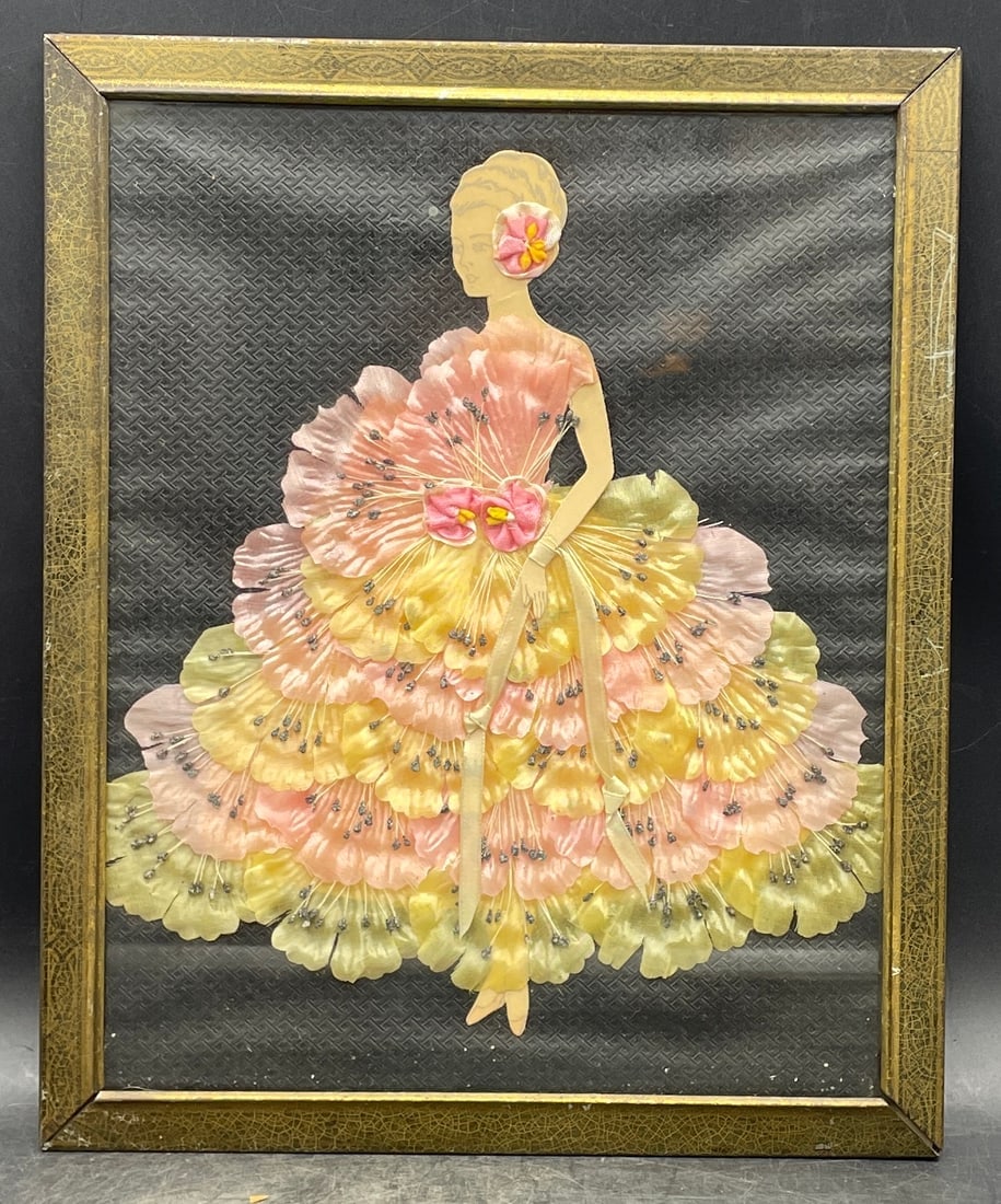 Vintage Antique 1920s Framed Ribbon Art Paper Doll Picture (1 of 7)