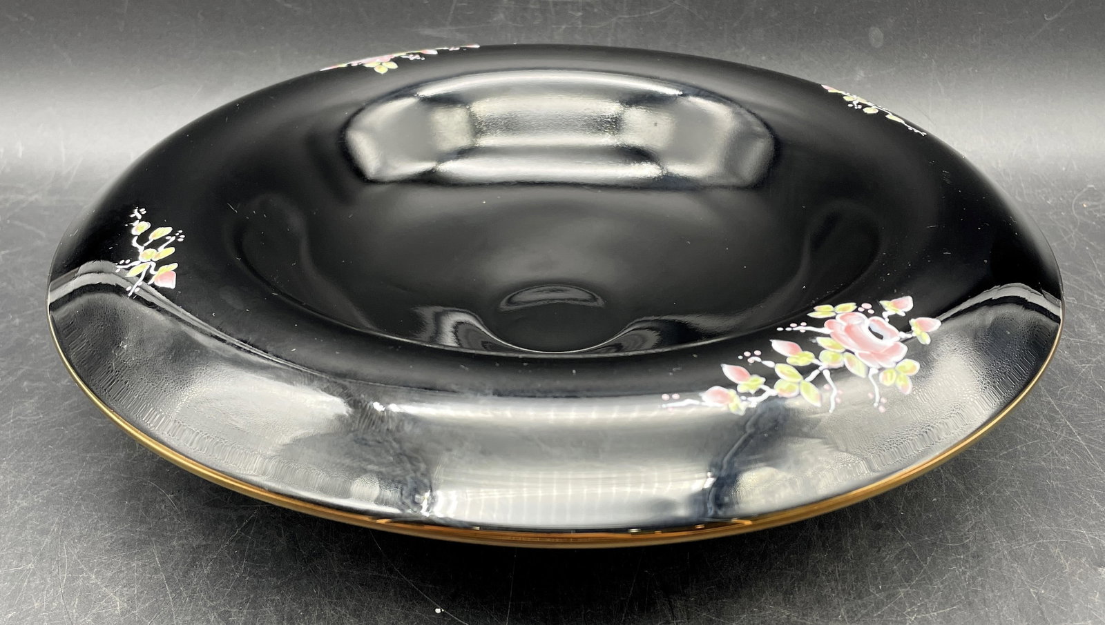FENTON COPPER ROSE HAND PAINTED BLACK GLASS ROLLED RIM BOWL: Title: FENTON COPPER ROSE HAND PAINTED BLACK GLASS ROLLED RIM BOWL Date/Period: Dimension: approx 10 x 2.25 Material: glass Additional Information: FENTON COPPER ROSE HAND PAINTED BLACK GLASS ROLLED R