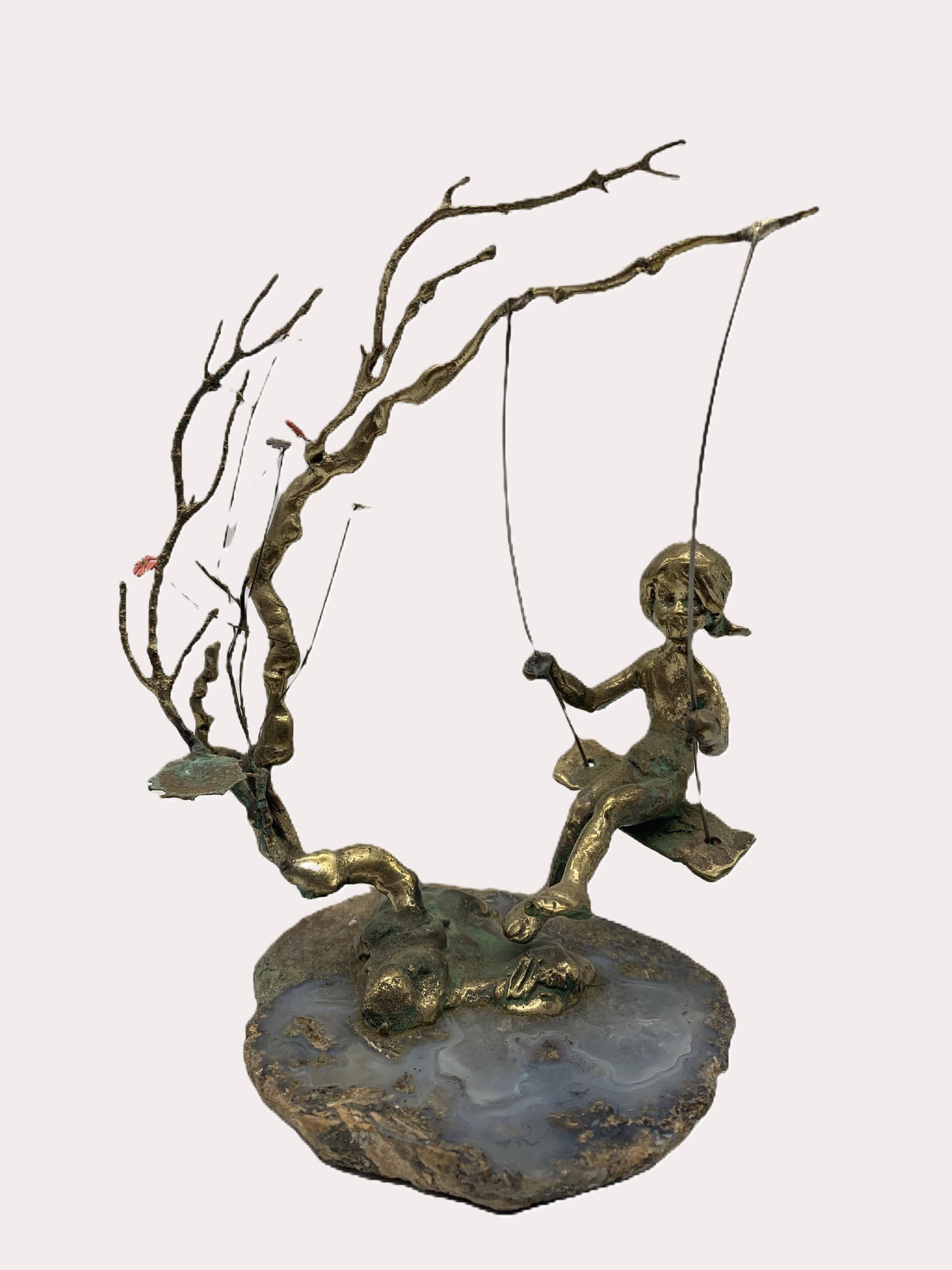 MALCOLM MORAN GUMP'S 1970S MODERNIST SIGNED BRONZE SCULPTURE GIRL ON TREE SWING (1 of 8)