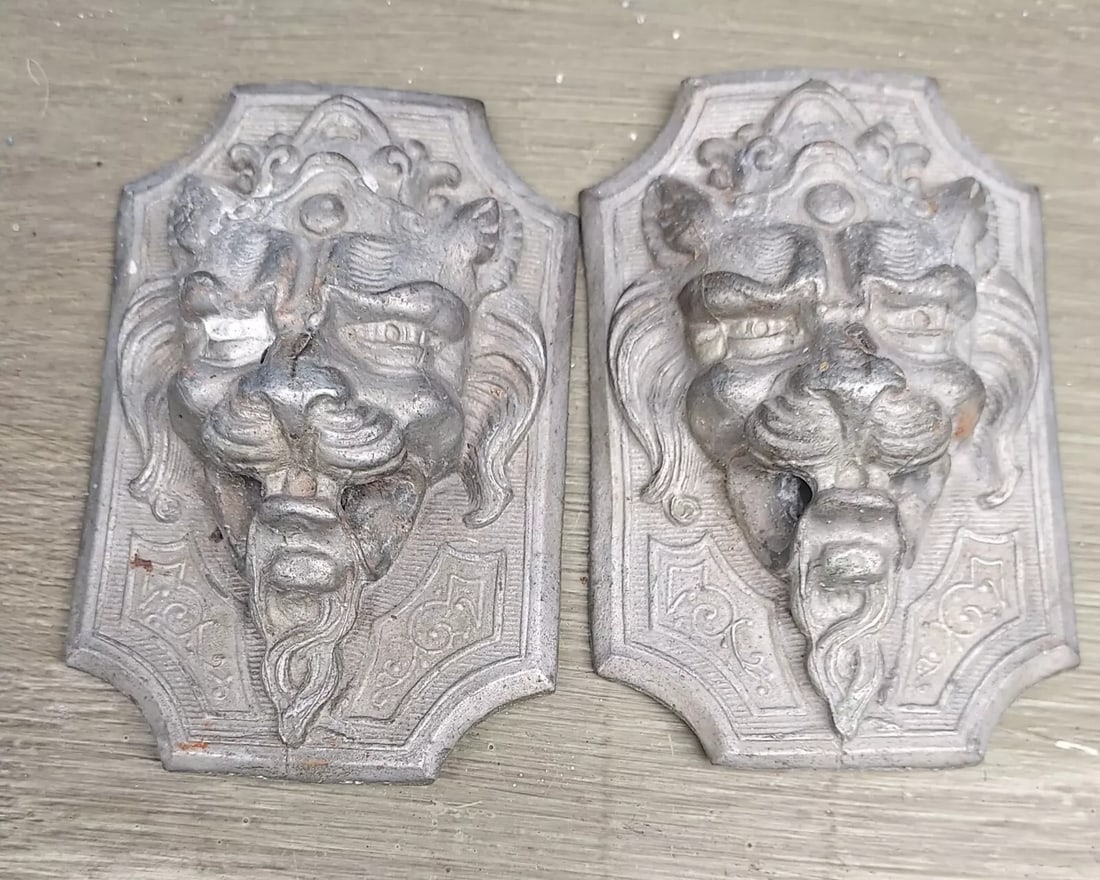 Rare Lion Face Handles For Multiple Repurposing Antique Zinc: Fantastic looking pieces. Detail is awesome. Originally had rings through mouth. Cast zinc metal .Date to 1920. Overall 3 1/2 x 2 1/2". Shipping costs include insurance. Shipping: Domestic: Flat-rate 