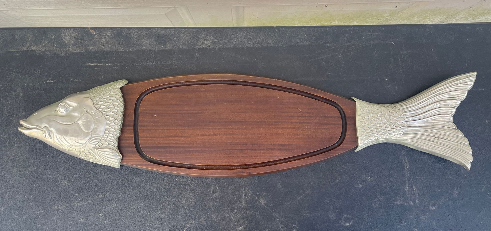 MCM Teak Wood Metal Fish Serving Platter Tray Charcuterie Board (1 of 8)