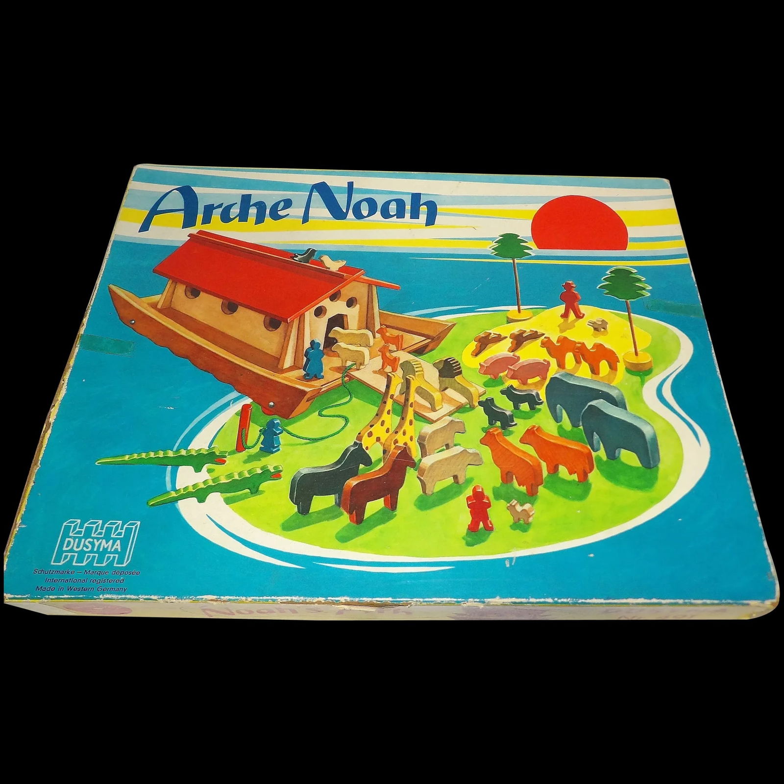Vintage Arche Noah Nr. 491 Pull Toy by Dusyma- Western-Germany: This Vintage Dusyma-Arche Noah's Ark Wood Pull Toy On Wheels With String #491 Made In Western-Germany. Includes The Ark, Ramp And 13 Sets Of Animals and two humans. Set Is in very good to excellent co