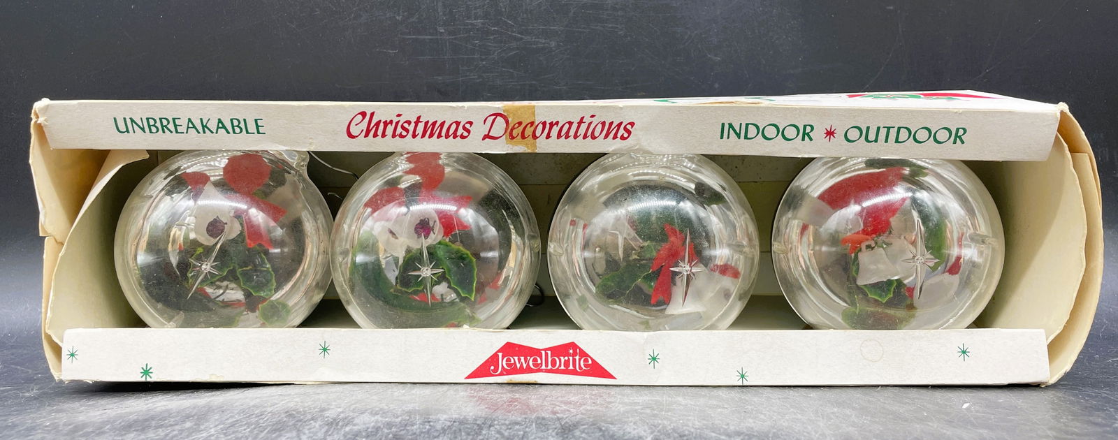 Vintage Jewelbrite Diorama Christmas Ornaments Poinsettia: Title: Vintage Jewelbrite Diorama Christmas Ornaments Poinsettia Date/Period: Approx 1950-60's Dimension: --- Material: plastic Additional Information: Vintage Jewelbrite Diorama Christmas Ornaments P