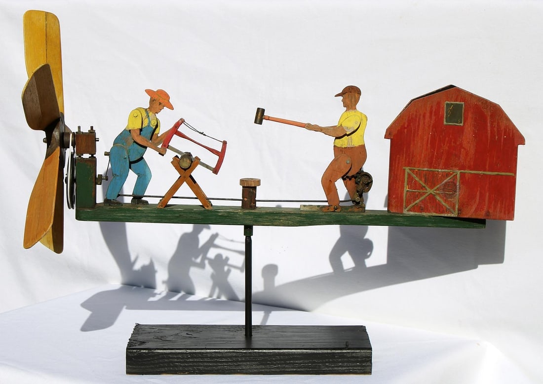 Unusual Whirligig with two farmers and a barn for the tail (1 of 14)