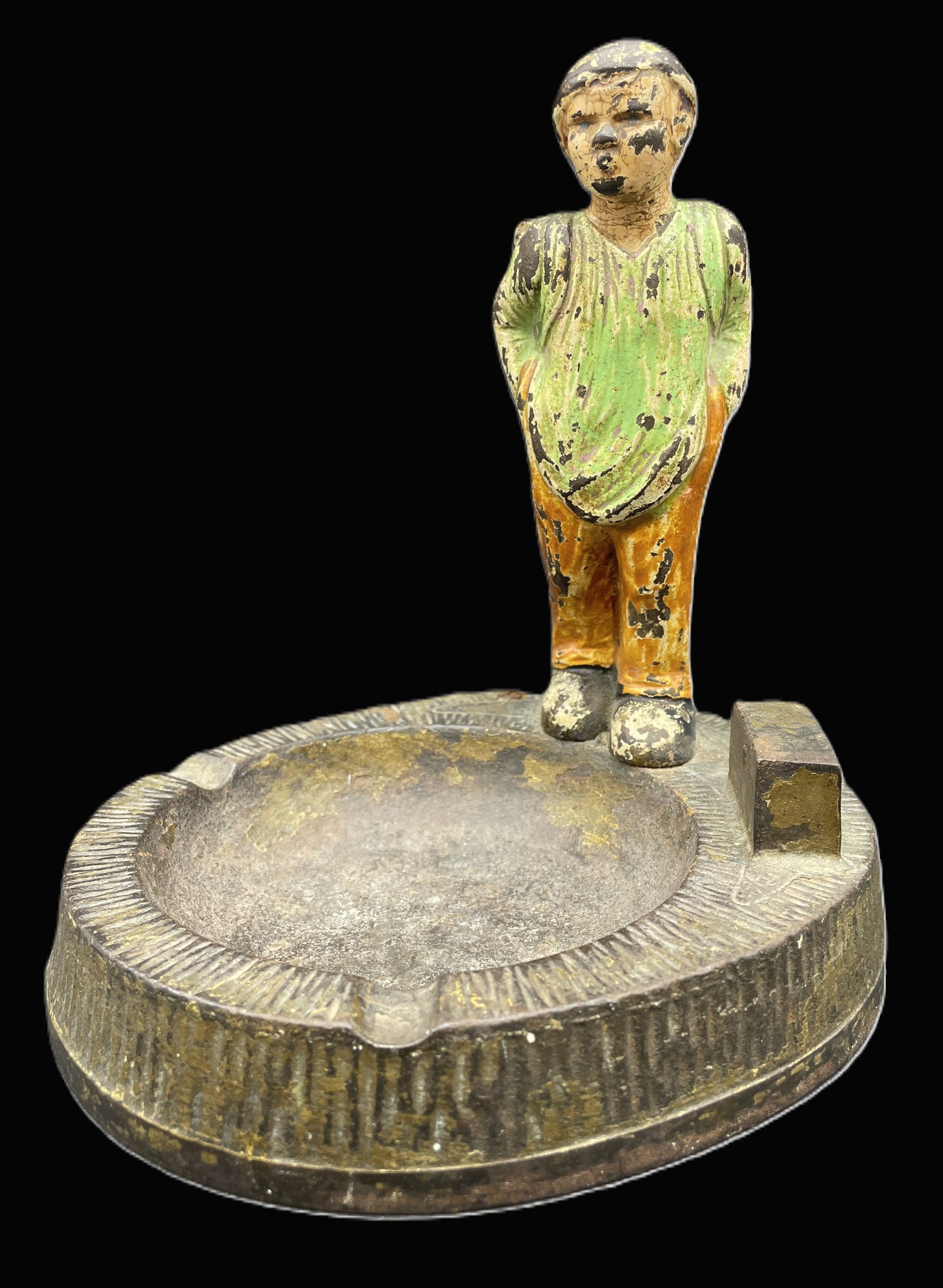 HUBLEY CAST IRON CHILD W/ BASKET ASHTRAY: Title: HUBLEY CAST IRON CHILD W/ BASKET ASHTRAY Date/Period: unknown Dimension: APPROX 7 X 5.5 X 6.25 Material: cast iron Additional Information: VINTAGE HUBLEY CAST IRON CHILD W/ BASKET ASHTRAY. The 