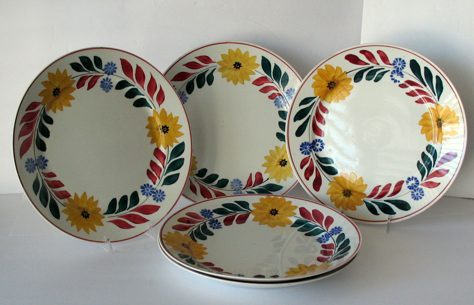 Group of 5 antique colorful English dinner plates.: Title: Group of 5 antique colorful English dinner plates. Date/Period: 1930's Dimension: 10” diameter each Additional Information: Nice group of 5 colorful English dinner plates in great origina