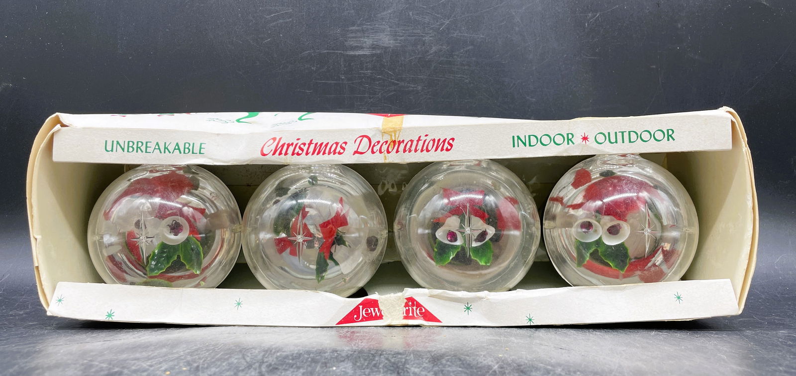 Vintage Jewelbrite Diorama Christmas Ornaments Poinsettia: Title: Vintage Jewelbrite Diorama Christmas Ornaments Poinsettia Date/Period: Approx 1950-60's Dimension: --- Material: plastic Additional Information: Vintage JewelbriteDiorama Christmas Ornaments Po