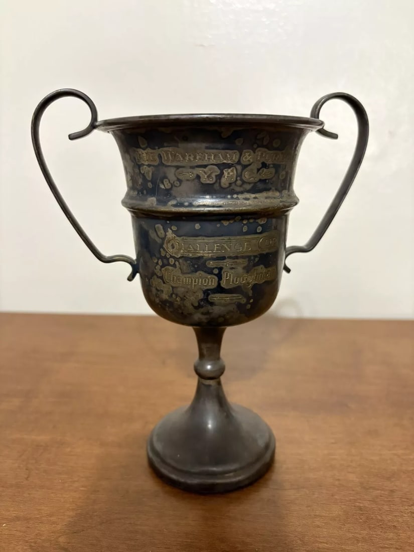 1955 Wareham & Purbeck Y.F.C Challener Cup Loving Cup Trophy England: It measures 7 3/8” x 6 1/4” and is dated 1955-1963. It has wear as shown in the photos. It is from a farmer club in England Shipping: Domestic: Flat-rate of $10.00 to anywhere within the c