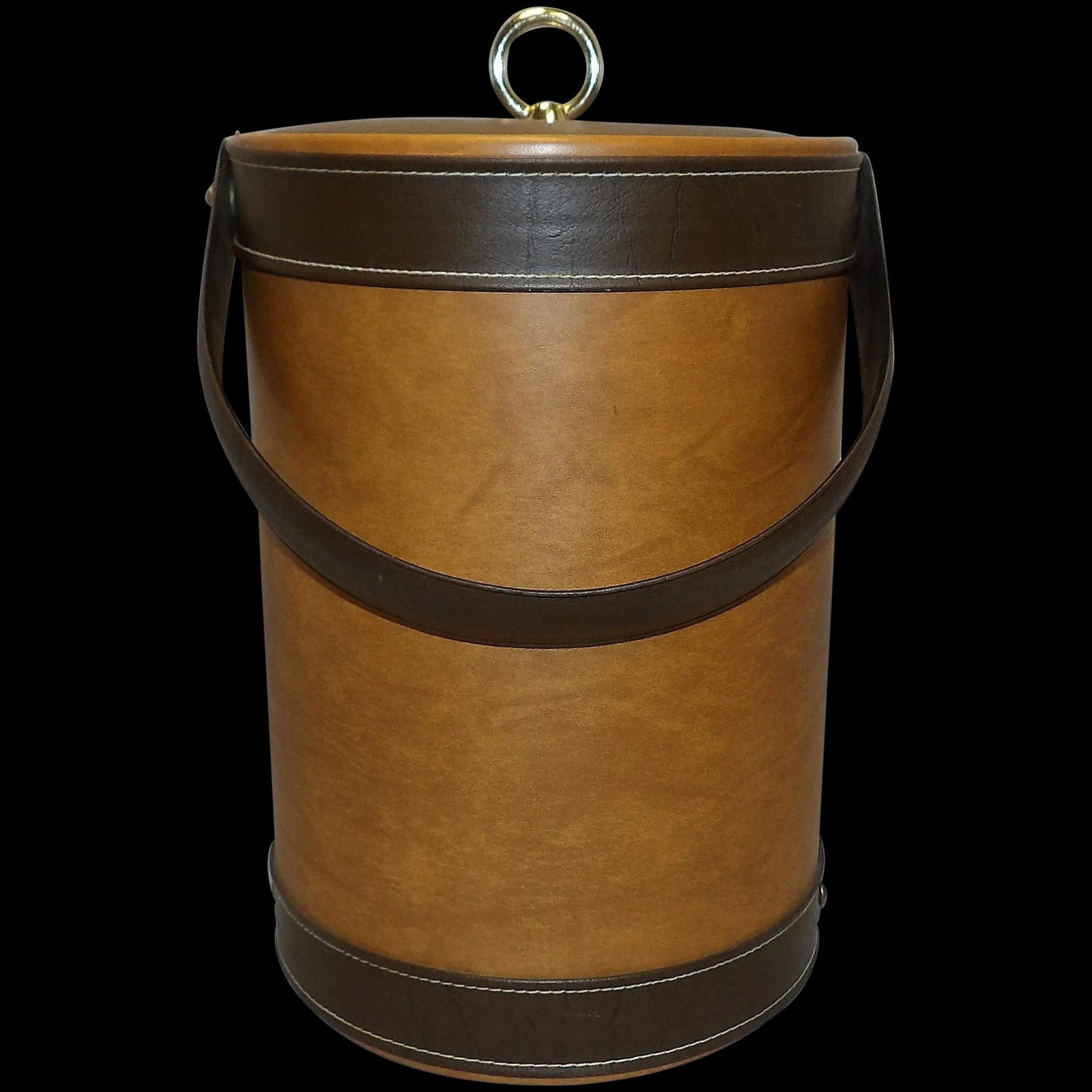 Retro Faux Leather Large Plastic Ice Bucket: This Retro Faux Leather Large Plastic Ice Bucket is in excellent condition. Clean inside and out with no missing “leather” or cracks in plastic. Maker unknown. Measures 11” to rim an