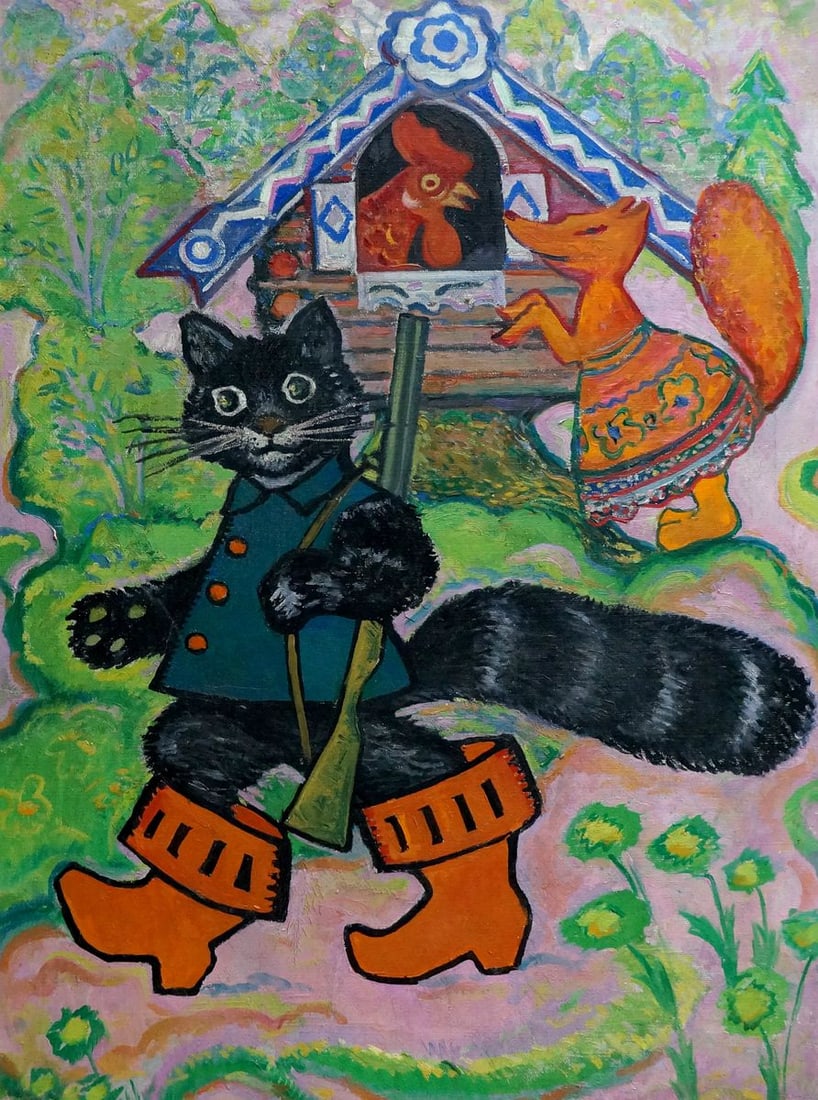 Oil painting Puss in Boots Olga Vladimirovna Malysheva: Vern 998 *** ABOUT THIS PAINTING *** * TITLE: "Puss in Boots" * ARTISTS: Olga Vladimirovna Malysheva * SIZE: 80x60 cm/'31.49x23.62 inches' * MEDIUM: oil, canvas * HAND PAINTED: Original painting from 
