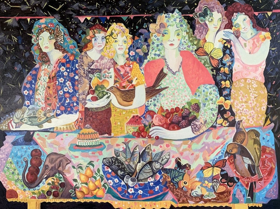Oil painting Girls at the table V. Konotopsky: №1660 *** ABOUT THIS PAINTING *** * TITLE: "Girls at the table" - (based on Maria Berrio) * ARTISTS: V. Konotopsky * SIZE: 60x80 cm/'23.62x31.49 inches' * MEDIUM: oil, canvas * HAND PAINTED: Ori