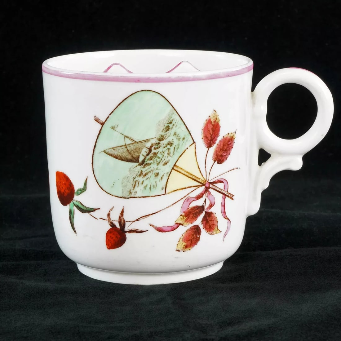Aesthetic Movement Moustache Cup: Title:Aesthetic Movement Moustache Cup Size:3 in (7.6 cm) diameter x 3 1/8 in (7.9 cm) tall. Description:A colorful and collectible ceramic moustache cup that has a Japanese influence with birds and a
