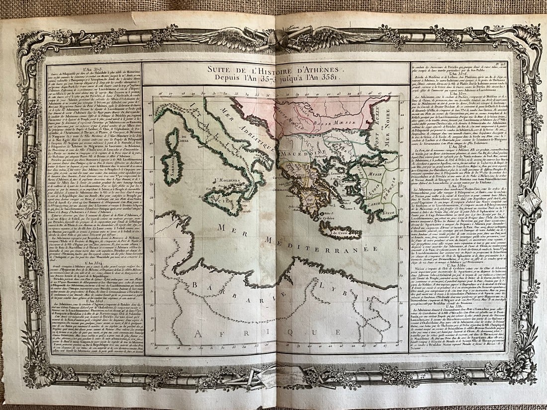 Ancient Athens and Its Surrounding Areas in the Balkans and Italy by Mornas, 1762: Title: Ancient Athens and Its Surrounding Areas in the Balkans and Italy by Mornas, 1762 Date/Period: 1762 Materials: Hand-colored, copperplate engraved Size: 21 3/4 x 15" This 1762 map, created by Cl