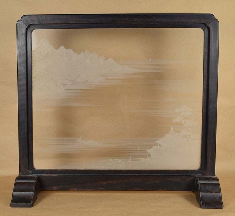 19c Chinese GLASS engraved SCHOLAR SCREEN (1 of 6)