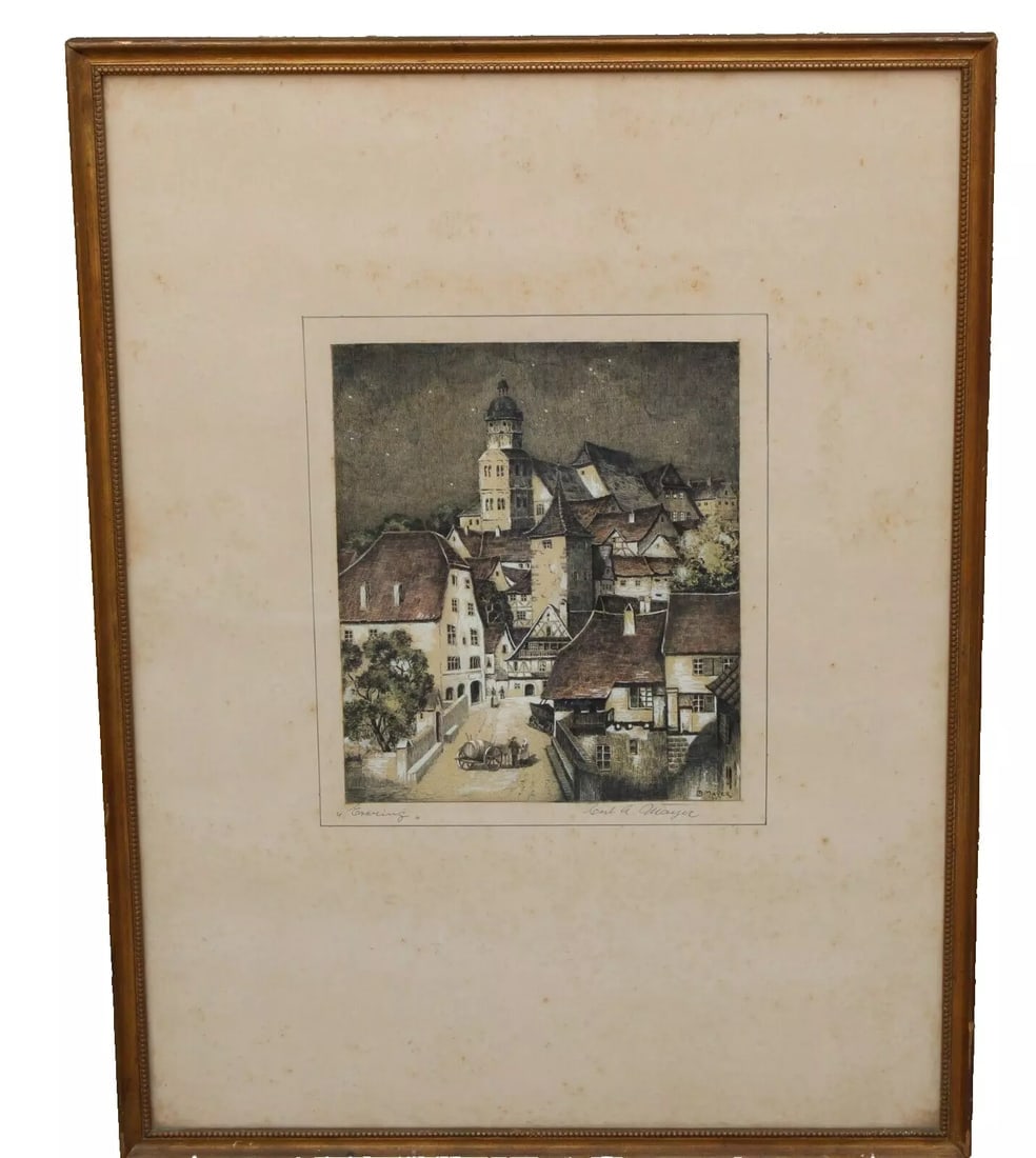 CARL ANTON MAYER Hand Signed Etching Evening in an Austrian Village 1945: CARL ANTON MAYER (Austrian, born 1895). Etching. Evening in an Austrian Village, 1945, 11-1/4" x 9-1/2" image size (framed size: 27-1/2" x 21") titled lower left: "Evening". Signed lower right: Carl A