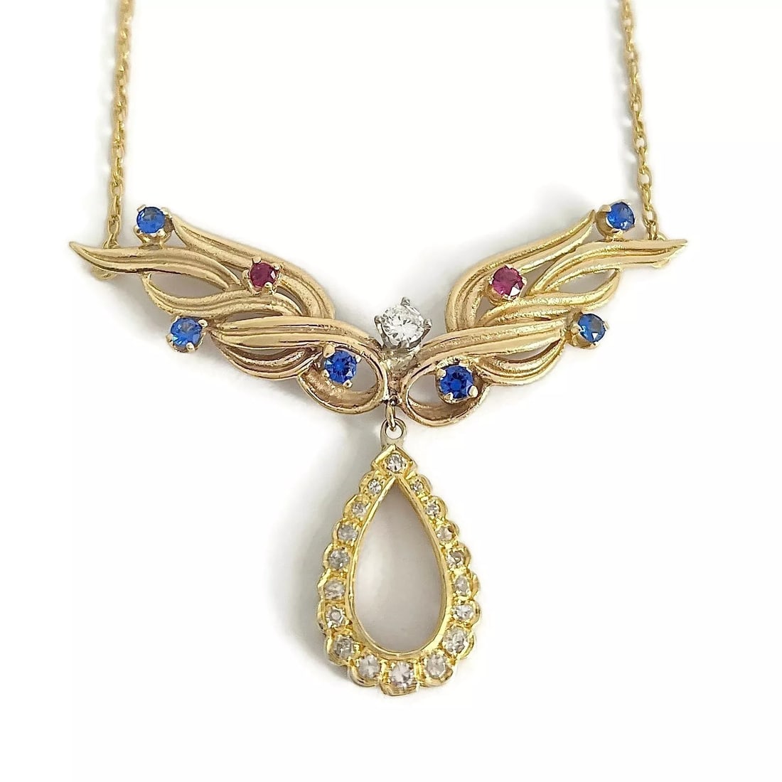 Vintage 1950's Diamond Gemstone Teardrop Necklace 14K Yellow Gold , 7.66 Gr (1 of 6)